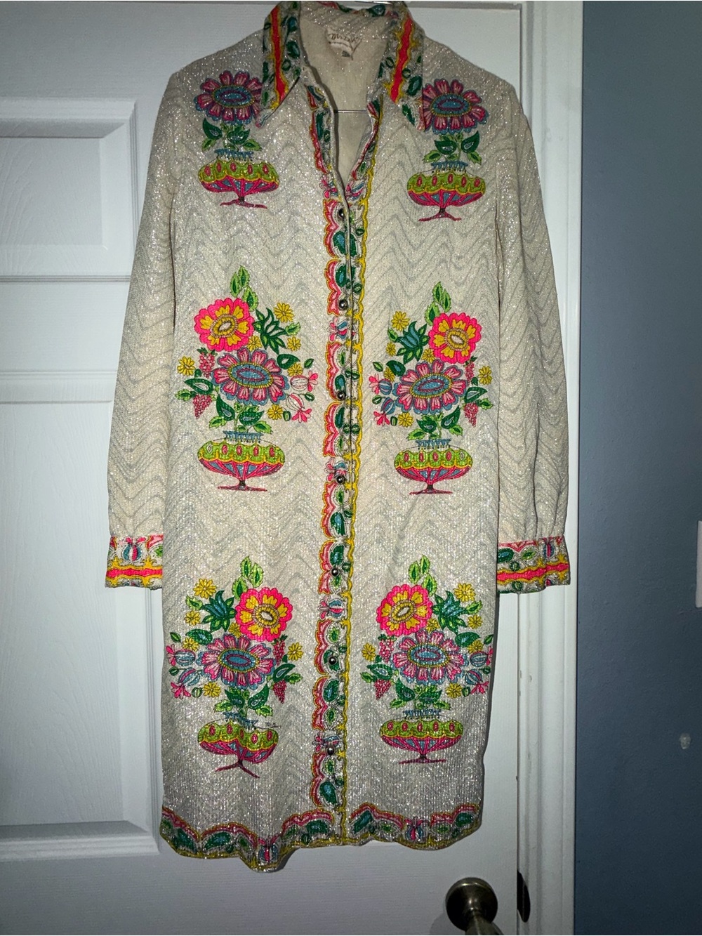 Rare Signed Mr Dino 1970s Vintage Dress Embroidered Novelty Vase Print Mod